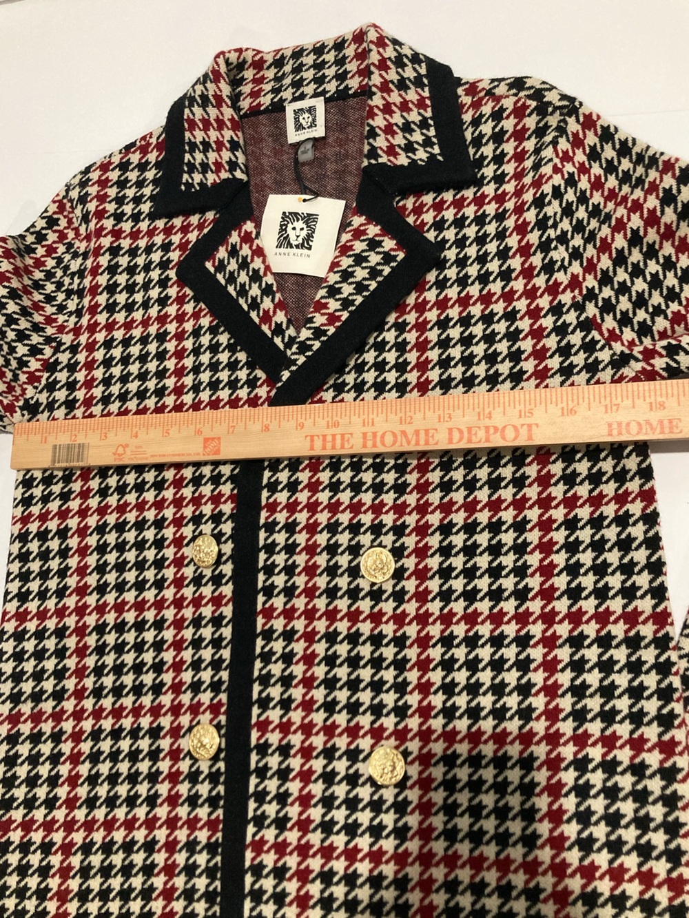 NWT Anne Klein Titan Red Black Houndstooth Open Front Gold Button Knit Blazer - Picture 7 of 16